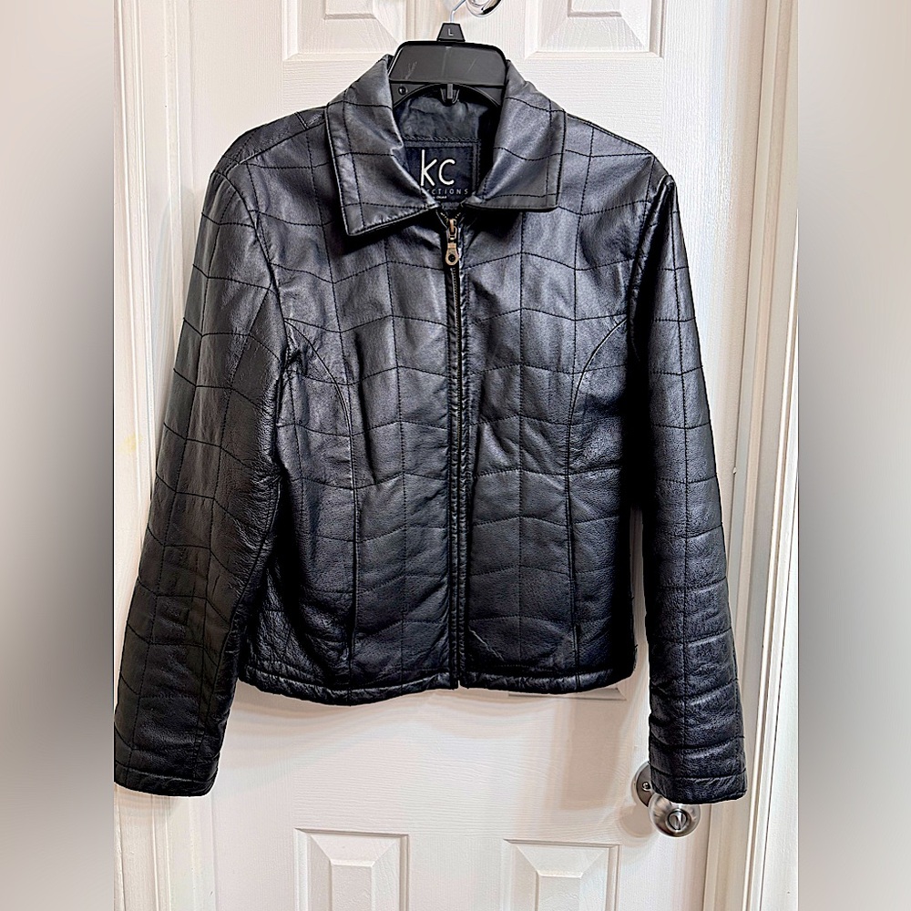 KC Collections Black Leather square stitched Jacket, Size Small